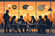 © Talha - Vector illustration of a professional business team silhouette working together in a modern office meeting room with city skyline view at sunset. Collaboration, brainstorming, and teamwork.