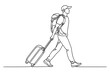 © Ahmed - Continuous line drawing of a young male traveler walking with a backpack and pulling a rolling suitcase behind him, minimalist vector illustration of a man on a journey or vacation trip.