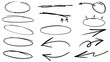 © Design idea - Arrow, circle, underline marker hand pen set. Arrow line marker hand drawn brush pencil sketch. Doodle check, cross, star oval round icon sign symbol texture rough. Vector
