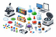 © ali - Isometric Laboratory Equipment and Supplies for Scientific Research and Experiments; Includes Microscope, Test Tubes, Flasks, Centrifuge, Laptop, Petri Dishes, and Goggles for Medical Study.