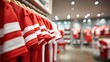 © Anat art - Wide View of Team Sports Supply Store With Red and White Colors and Space for Text Along With Displays of Football Equipment and Jerseys