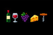 © Ricky - Pixel Art Wine Icon Set Featuring a Bottle of Red Wine, a Full Glass, Purple Grapes, a Wedge of Swiss Cheese, and a Corkscrew in a Retro 8-Bit Video Game Style Isolated on a Black Background.