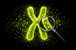© Kayden - Glowing yellow-green particle cloud forming a chromosome outline with a magnifying glass and digital numbers on a black background, representing genetic research, DNA analysis, and biotechnology.