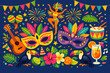 © Healy - Colorful Brazil Carnival Vector Illustration Featuring Samba Dancer, Masquerade Masks with Feathers, Toucans, Tropical Flowers, Musical Instruments, Fireworks, and Festive Party Elements