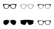 © Asset Aura - Modern eyewear collection, set of 6 black glasses icons, minimalist spectacle frames and sunglasses silhouettes, optical fashion vector elements