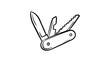 © Zaviyar - Swiss Army knife vector icon illustration, minimalist black line art of a multi-tool with blade, saw, and bottle opener, hand-drawn outline style on white background for camping and survival.