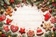 © The 2R Artificiality - Festive holiday top down view with red gingerbread cookies and fir branches on white wooden background and copy space