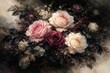 © AkuAku - Elegant Victorian style floral arrangement with hand painted watercolor roses and lush dark foliage