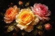 © AkuAku - Macro close up vintage painting of yellow orange and pink roses on black background