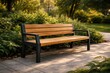 © AkuAku - Stylish outdoor bench crafted from durable wood and steel next to lush green foliage perfect for public park settings