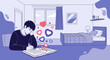 © aishella - Young man dreaming of love while writing in a notebook, hearts floating around him