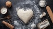 © NeuralNiche - Flat lay of baking ingredients with flour heart on dark surface for romantic cooking