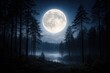 © vxnaghiyev - A glowing full moon rising above slender tall trees in a serene nighttime landscape