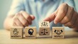 © Shahriar - A close-up photograph of a person carefully arranging wooden blocks, symbolizing core business ethics and values like integrity, honesty, and respect