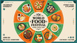 © Creative Nest - World food festival poster with circular layout of international dishes, colorful cuisine illustration for restaurant events, street food promotion and global culinary celebration