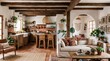 © Saelzu - Beautiful open concept kitchen and living room interior with rustic mediterranean style, wooden beams, and terracotta tiles