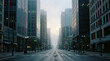 © Mohammad - Urban street view of towering skyscrapers shrouded in a misty, overcast atmosphere, creating a moody and atmospheric cityscape scene