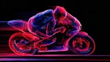 Abstract neon art of a motorcycle rider in full speed on black background