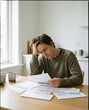 © Blur - Stressed young man sitting at a kitchen table reviewing bills and financial documents representing debt and economic anxiety