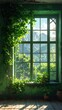 © Bagas - A vibrant green window frames a sunlit mountain scene. Lush vines spill inwards, while sunlight bathes the interior, accentuating the greenery