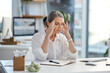 © peopleimages.com - Headache, stress or woman in agency with pain, frustration or update mistake in task management. Tired, coworking or mature employee in office with migraine, brain fog or burnout in deadline pressure