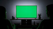 © Afchana - Two people watching a green screen TV in a dark room with furniture