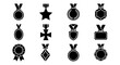 © Jim - Black medal icon set with 12 award symbols, achievement trophy and military decoration vector elements, winner prize and honor badge collection