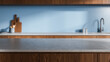 © ImageFlow - Modern kitchen interior with stone countertop surface for product mockup and presentation in blurred background design architecture style. 3D Rendering