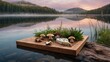 © Tina - A serene lakeside scene showcasing an assortment of mushrooms and cheese on a wooden platter at sunrise