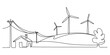 © Kailash Roy - A single continuous line drawing of a rural landscape with wind turbines and a small house home Vector, illustration