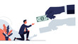 © Rubell - Small businessman kneeling and reaching out towards a giant hand holding a dollar bill representing financial dependency or a request for funding.