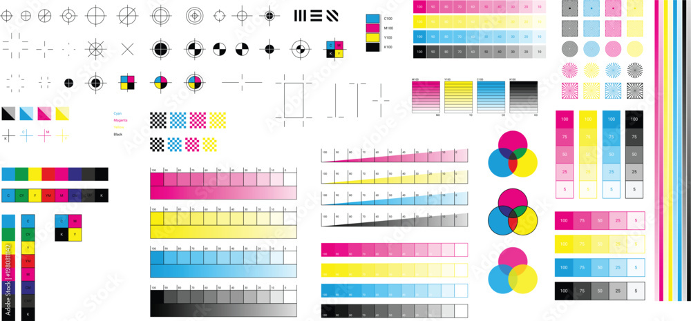 Standardized Color Testing Collection of printing test charts and color calibration elements on a ...