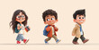 © Fariha - -3d illustration of three cute cartoon characters an asian girl with long hair in a school uniform and glasses is smiling happily while walking forward; two boys, one with short black curly hair weari