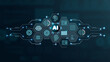 © 88 - Futuristic AI technology graphic featuring interconnected hexagons showcasing various components and ideas of artificial intelligence.