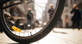 Close-up of bicycle wheel outdoors.