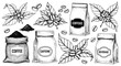 © A to Z Black & White - Coffee beans and floral branch doodle icons with coffee bags, caffeine label and beverage sign for cafe branding
