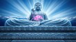 © Divine Frame - Large stone buddha statue sitting in lotus position holding a glowing pink lotus flower against blue light rays