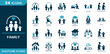 © dhearr - Family icon set. Parents, children, grandparents, twins, baby stroller, pregnancy, household, caring, adoption, siblings, home, baby, custody. Duotone vector icons.