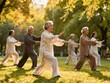 © Melati - Senior citizens practicing traditional Tai Chi in a serene park at sunset, embracing wellness and mindful movement outdoors together