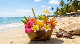 Koktail tropis dengan bunga dan payung di pantai berpasir dengan pohon kelapa dan langit biru cerah