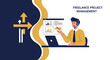 © Kirana - Freelance Project Management: Man with headset and charts, business strategy icons
