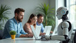© miss irine - People work with robot on laptops in office. Team uses AI tech for business tasks. Future workplace collaboration with modern robot and computer.