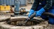 © Funster - A worker in gloves carefully extracts sludge and sewage from a septic tank opening using a specialized hose, with the tank rim and pumping equipment visible, highlighting septic system maintenance.