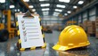 © miss irine - Yellow hard hat and safety checklist sit on a counter. A busy factory floor with forklifts and boxes is in the background. Order and safety first.
