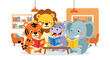 © Amie - Flat style illustration of baby animals reading books in cozy library with shelves, ideal for education themes, storytelling, and nursery illustration designs