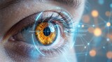 Vision analysis technology displayed on a human eye, showing iris and pupil with digital diagnostic graphics.
