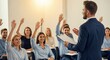 © twilight mist - Professional male instructor leads a training seminar while participants raise their hands to ask questions.