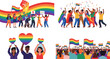 © MDFiroj - Diverse Group of People Celebrating LGBT Pride Month Parade with Rainbow Flags Hearts and Confetti in Flat Vector Illustration Style