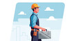 © pono - Construction worker carrying toolbox wearing hardhat and toolbelt.