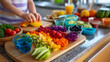 © Maksym - Kids preparing healthy snack rainbow on cutting boards, whole fruits and vegetables arranged by color, measuring cups teaching portions, sunlit kitchen counter workspace, perfect f